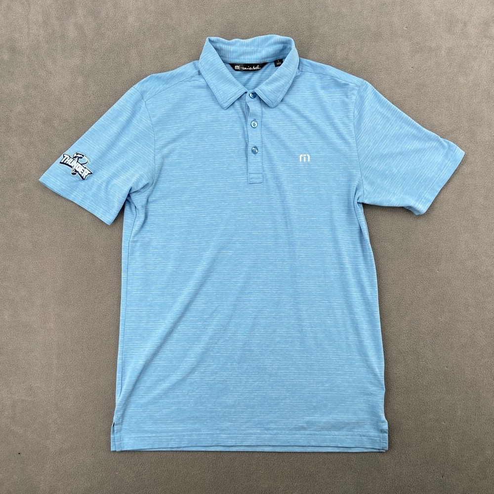 TravisMathew Polo Shirt Mens Small Blue Stripes Thunder Embroidered Logo Popover